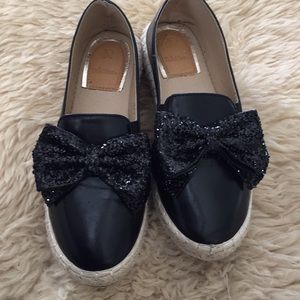 Black espadrilles faux leather with glitter bows